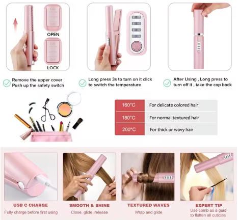 Mini Portable Hair Straightener & Curling Iron Cordless